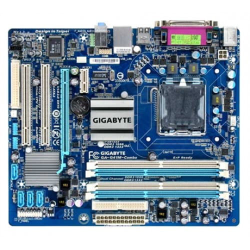 Details Model - Gigabyte GA-G41M Combo, CPU Sockets - LGA 775, Chipset - Intel G41/ICH7, Supported CPU - Intel Core2Extreme/Intel C2Q/Intel C2D,/Pentium/Celeron processor, Memory Type - DDR3 DIMM, Memory MHz - 1333(O.C.)/1066/800MHz, Memory Slot - 2, Memory Max. - 8GB, PCI Express Slot - 1, LAN Chipset - Atheros AR8151, LAN Speed (Mbps) - 10/100/1000 Mbps, Audio Chipset - VIA VT1708S, Audio Channel - 5 Channel, USB Port - 8, IDE Port - 1, SATA Port - 4, Form Factor - Micro ATX, Warranty - 3 year, Special Features - 1 IDE, 4 SATA, Country of Origin - Taiwan, Made in/ Assemble - China(Gigabyte GA-G41M Combo)